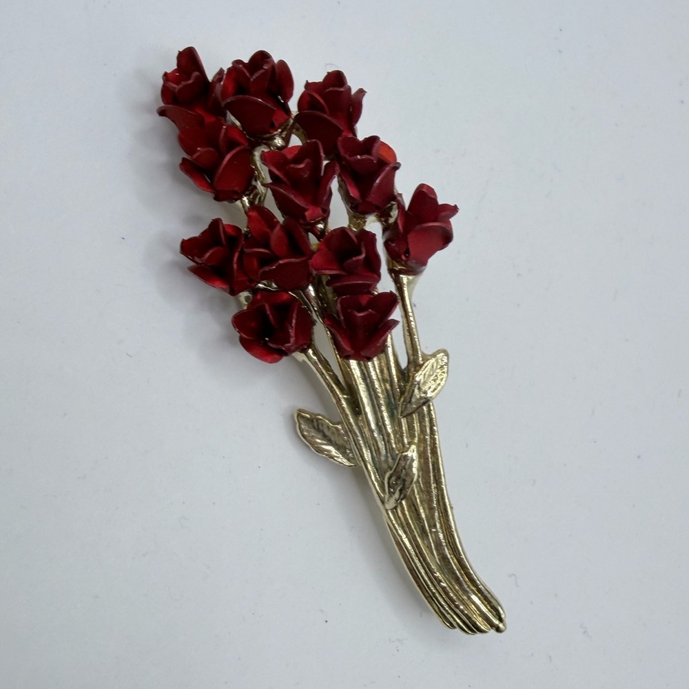 Vintage Style Red Enamel Flower Bouquet Brooch Gold Tone Floral Pin DMC 1997